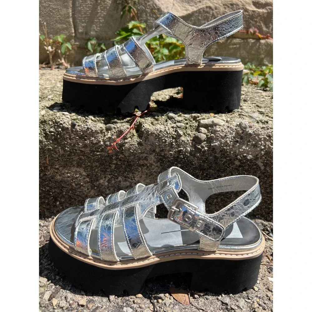 Dolce Vita Latice Silver Fisherman Black Platform Sandals Sz 10 NWT